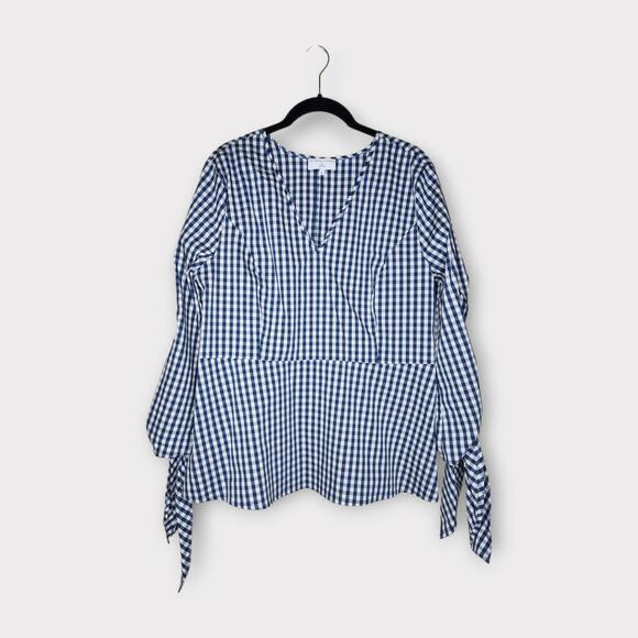 Universal Standard for J. Crew Gingham Tie Sleeve Blouse Checkered Women’s Med - Picture 2 of 7